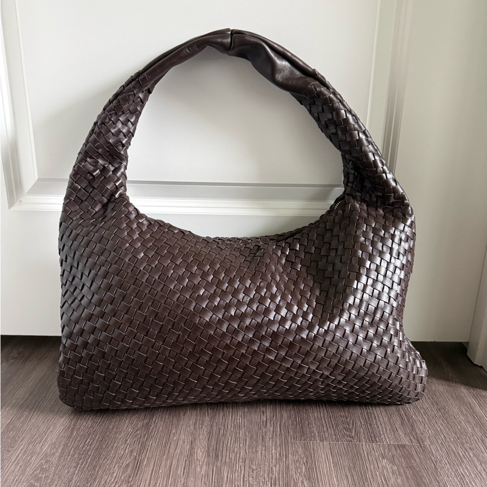 Dark Brown Woven Leather Shoulder Bag